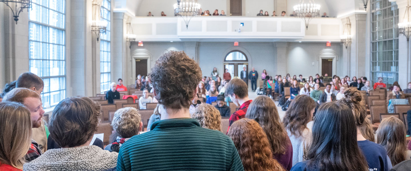 A view from the front of the chapel during a service