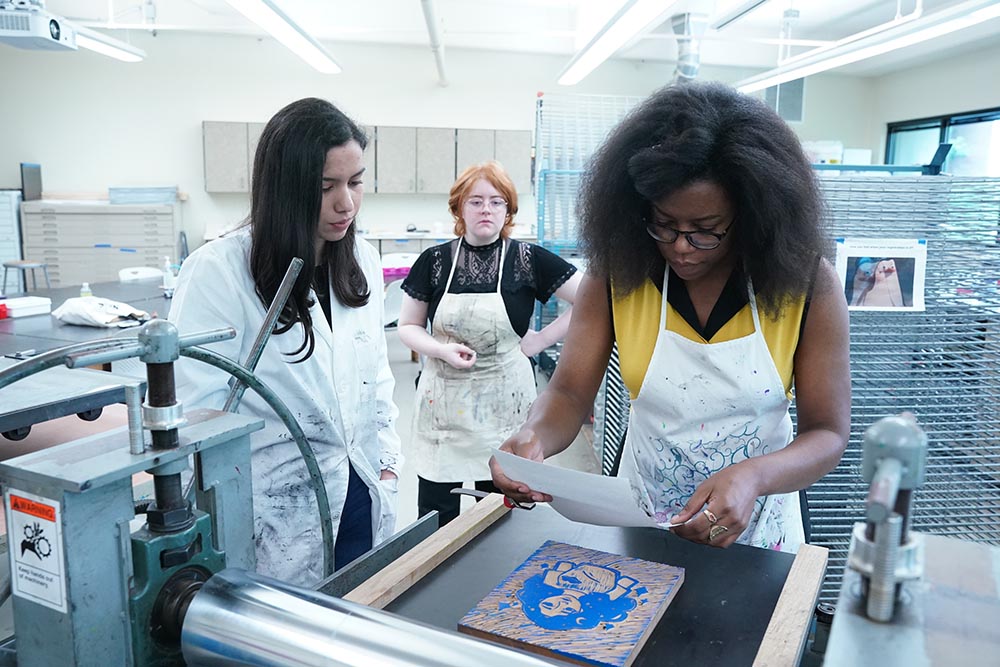 Students working on printmaking project