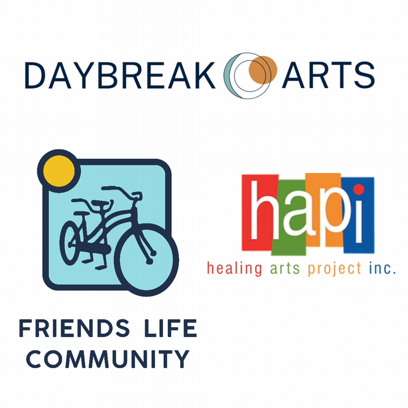 Three logos representing arts organizations. The first logo shows the word hapi in lowercase letters on colorful rectangles, with the text healing arts project inc. below. The second logo features a line drawing of a bicycle inside a blue square with a yellow circle in the corner, accompanied by the text FRIENDS LIFE COMMUNITY. The third logo displays the words DAYBREAK ARTS in uppercase letters with two overlapping circles between the words.