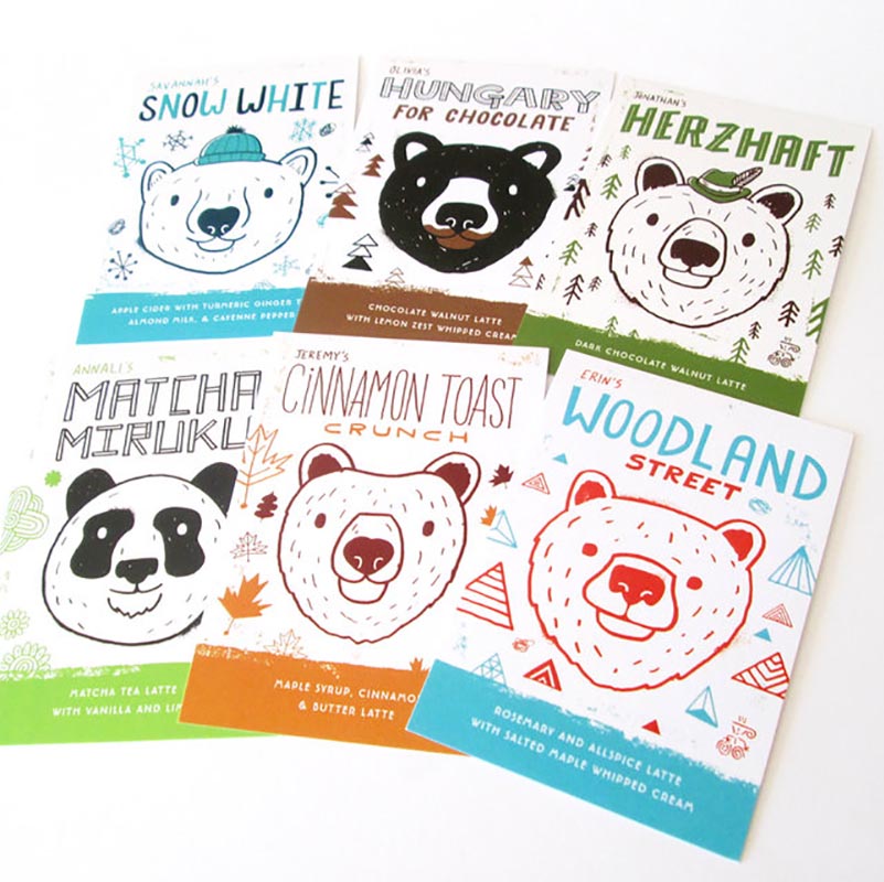 detail of package designs with a bear pattern in various color schemes. 