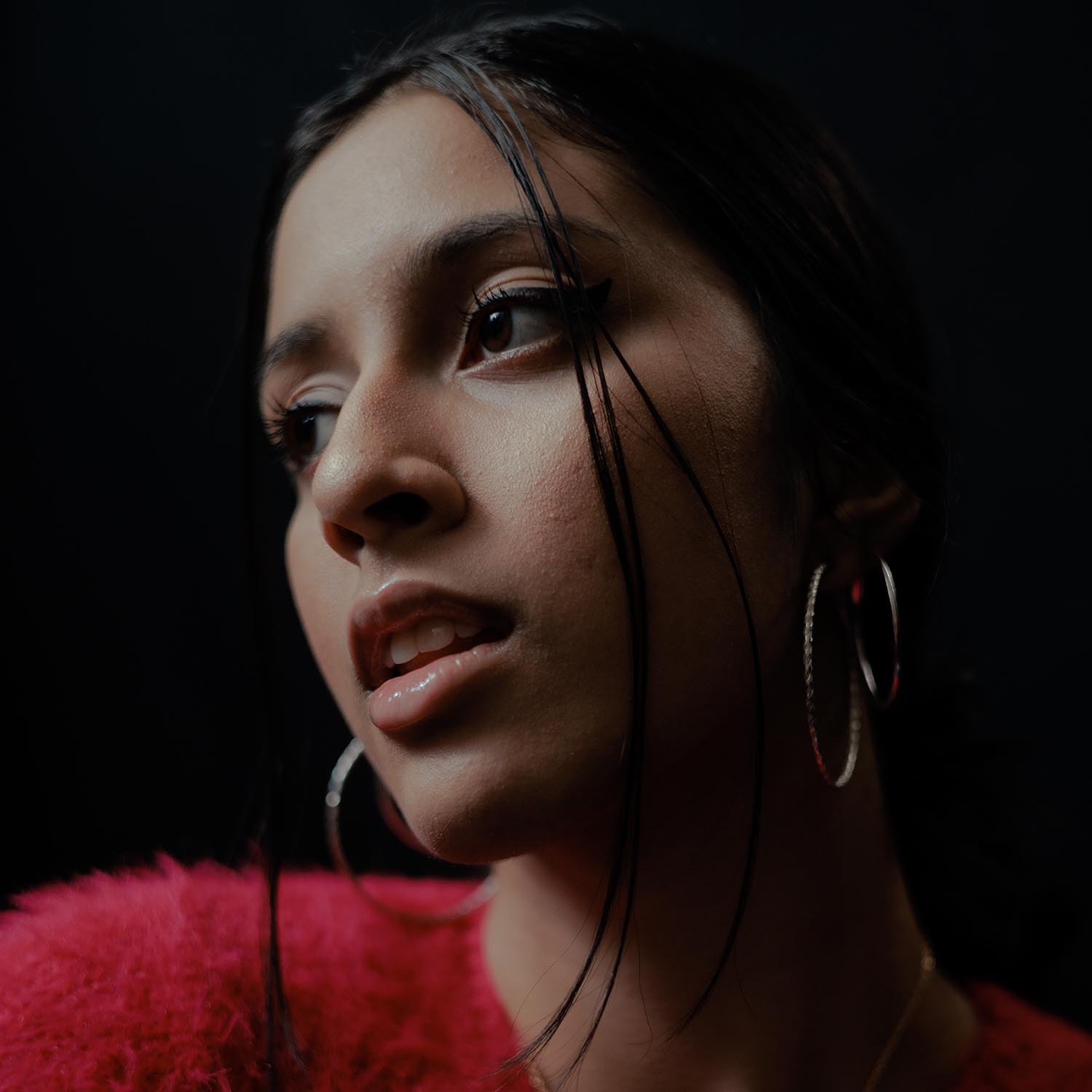 Close up of girl with brown hair looking to the side on a black background